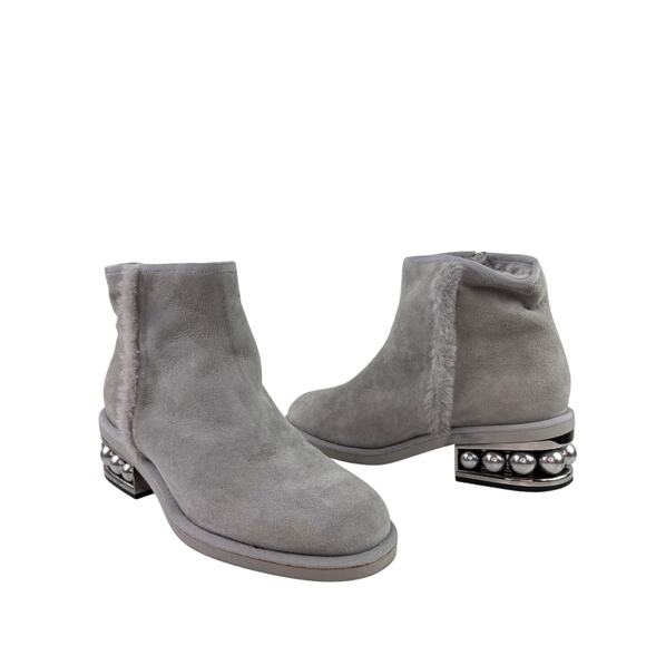 Nicholas Kirkwood Luna Booties 38.5 Gray Suede Pearl Heel Side Zip Ankle Boot - Picture 1 of 8